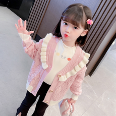 Orenjidamom 女童款白色撞色滾邊荷葉邊刺繡針織外套