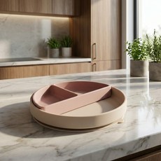 MODU'I BLUEMAMA 嬰幼兒用甜甜吸盤餐盤 + 餐盤組, 吸盤餐盤(奶油色), 餐盤(柔和粉色), 1套