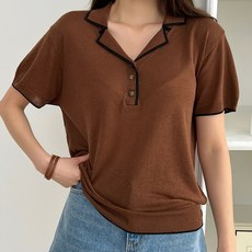 Tteugaejin 女款亞麻拼色翻領鈕扣針織衫 Pumina 翻領