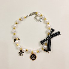 웨이비데이즈 강아지 진주 리본 쁘띠 목걸이 W265-0229, 블랙(W265-0229BXS), 1개
