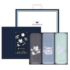 송월타월 달빛 전통 자개 자수 기념품 호텔수건 130g 30수 면사 3종 선물 세트 + 쇼핑백, 그레이, 스카이 블루, 라이트 그린, 1세트