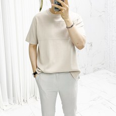 남성용 데끼 절개 트임 라운드 니트 반팔 티셔츠