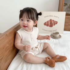 스타도어 신생아용 단추 포인트 골지 민소매 상하의 세트