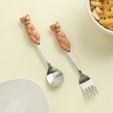 BOGEN 韓國製 兒童用 Cocomie 小熊湯匙叉子組, 焦糖色, 湯匙 + 叉子