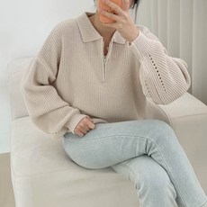 Planday 女款花生領蜂巢織長袖半拉鍊針織衫