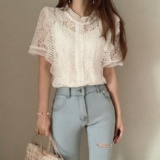 Lalatina 女款 Aileen 蕾絲短袖襯衫