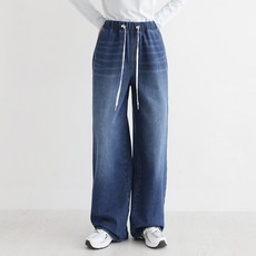 빼빼 여성용 이지핏 스트링 밴딩 롱 와이드 데님 팬츠