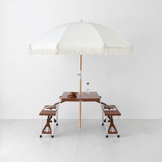 마켓비 캠폴 4인 야외 의자일체형 접이식테이블 + 로밀 테슬 파라솔 세트, 브라운 + 베이지