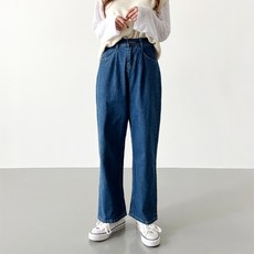 잘빠진 여성용 보이프렌드 핏 핀턱 와이드 데님 팬츠