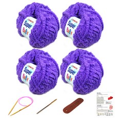 행복뜨기 슈퍼베이비 뜨개실 4p + 바늘 6mm + 돗바늘 + 가죽 라벨 + 목도리 도안 세트, 1세트, 보라