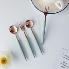 Bogen 艾菲爾餐具2件組 玫瑰金 + 深綠色, 1套, 茶匙 2p + 茶叉 2p