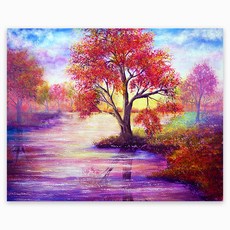 KMELLIE Holdings DIY 3D 圓形鑽石畫一體式畫布畫框 50 x 40cm, 紫紅楓葉, 1個
