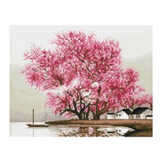 iLovePainting DIY 鑽石畫 畫布型 風景 40 x 50 cm, 櫻花樹與河流, 1個
