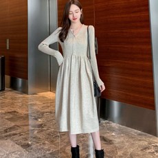 孕婦V領毛衣長袖連身裙