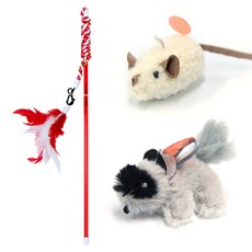 The Cat 貓咪 Jucuru 趣味互動真實音效羽毛逗貓棒 + 老鼠玩具 + 浣熊娃娃組合, 1套, 隨機出貨(羽毛逗貓棒)