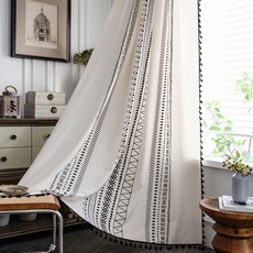 G&Y 波西米亞幾何流蘇窗簾 穿孔式, 米色