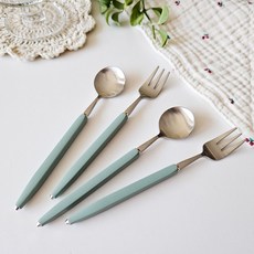 Bogen 可愛茶匙 2入 + 點心叉 2入組 緞面 + 深綠色, 1套, 茶匙 2入 + 點心叉 2入