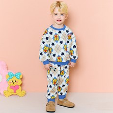 HEJMINI 童款小熊黑桃格紋印花刷毛長袖套裝