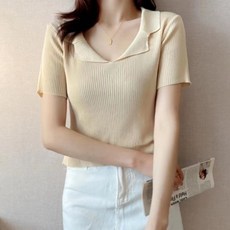 구디프 여성용 더블카라 V넥 반팔 니트 티셔츠
