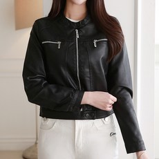 퀸이즈 여성용 넥 버튼 지퍼 디테일 레더 지켓