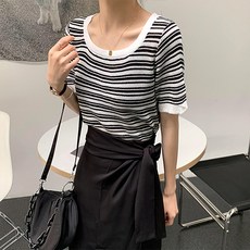 레몬소울 여성용 호날 단가라 라운드 니트 반팔티