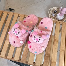 여성용 만화 캐릭 모찌 도트 콕 리본 편안 포근 실내용 슬리퍼