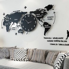 세계지도 무소음 벽시계 100cm, 블랙 + 화이트