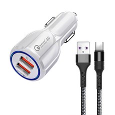 스위스윙거 퀵차지 3.0 듀얼 2포트 차량용 시거잭 고속 충전기 + QC3.0 5A 고속 충전 C타입 케이블 1m, 화이트(충전기), 블랙(케이블)