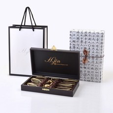 H.Jin 經典十長生餐具組 + 禮品包裝 + 提袋, 鈦金色, 1套, 鈦金餐具2人份 + 金龜筷架2入 + 收納盒