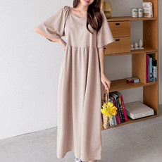 Borimam 方領抓皺夏季大尺碼長版孕婦連身裙 R418