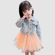 女童蘋果刺繡牛仔外套+橘色連身紗裙套裝