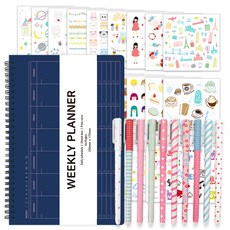 2Youngdesign 裝飾貼紙 28入+彩色中性筆 10入+每週計劃本 隨機出貨, 混色