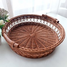 MAISONINDAHRATTANSHOP 高級藤製Tohiti把手圓形託盤藤籃 N035H, 棕色, 1個