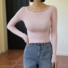 빼빼 여성용 물결 라인 골지 슬림 긴팔 티셔츠