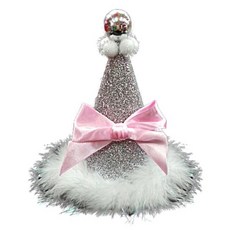 亮片粉紅絲帶毛球錐形帽, 2個, 銀色