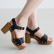 단골언니 女款海灘風輕量木質厚底扣環涼鞋 8cm, 245, 黑色
