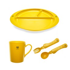 mistic 零食餐具組 A款, 黃色, 3格餐盤+杯子+湯匙+叉子