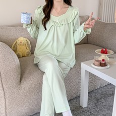 안나앤코 여성용 플로럴 프릴 무지 긴팔 잠옷 파자마 상하의 세트