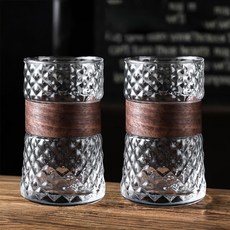 Farajuni 復古冰飲木柄咖啡杯 玻璃杯 HJ0324, 2個, 菱形