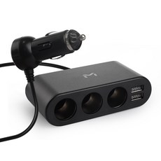 MATECH 車用3孔多功能插座充電器 USB 2埠, MT-AT042, 黑色