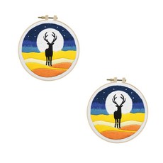 ARYKO 居家咖啡廳裝飾DIY刺繡組 15cm, 2套, 鹿與晚霞