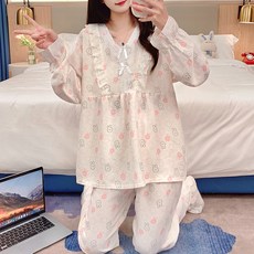 세컨핑크 여성용 더감성 레이스 프릴 캡내장 긴팔 잠옷 상하의 세트 131