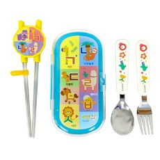 LE BARN 韓文字印花迷你學習筷+湯匙叉子+收納盒組, 混色, 1組