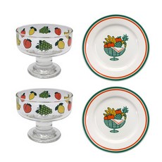 1537 清爽玻璃甜品碗2p+瓷盤小2p套組, 水果派對（點心球）、FRUITS（盤子）, 1套