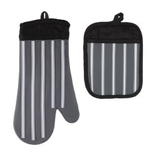 條紋隔熱廚房手套+隔熱墊組 H_RD_90, 灰色, 1套