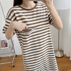 條紋前拉鍊式哺乳連身裙