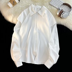 男士時尚潮流假兩件長袖襯衫拉鍊開襟衫