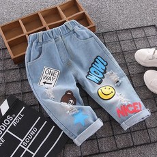 JOYMULTI 兒童復古印花丹寧鬆緊牛仔褲