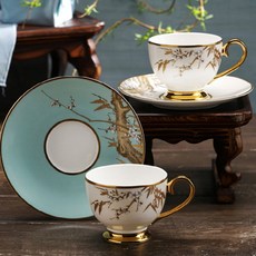 HANKOOK CHINAWARE 枝葉印花金邊咖啡杯 2入+杯碟 2入, 混色, 1套