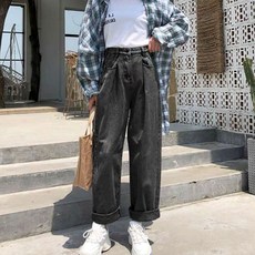 구디프 여성용 하이웨이스트 핀턱 와이드 데님 팬츠